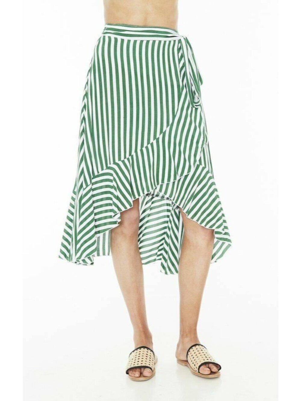 NWT FAITHFULL THE BRAND Tramonti Skirt Ruffled Wrap Green Zeus Stripe US 4 Small